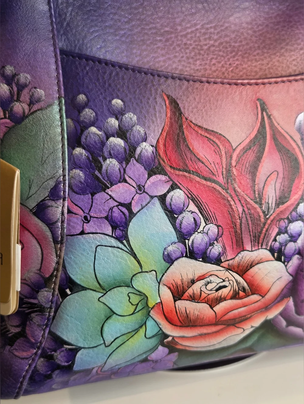 Anuschka Hand-Painted Purple Floral Leather Shoulder Bag - Picture 2 of 14